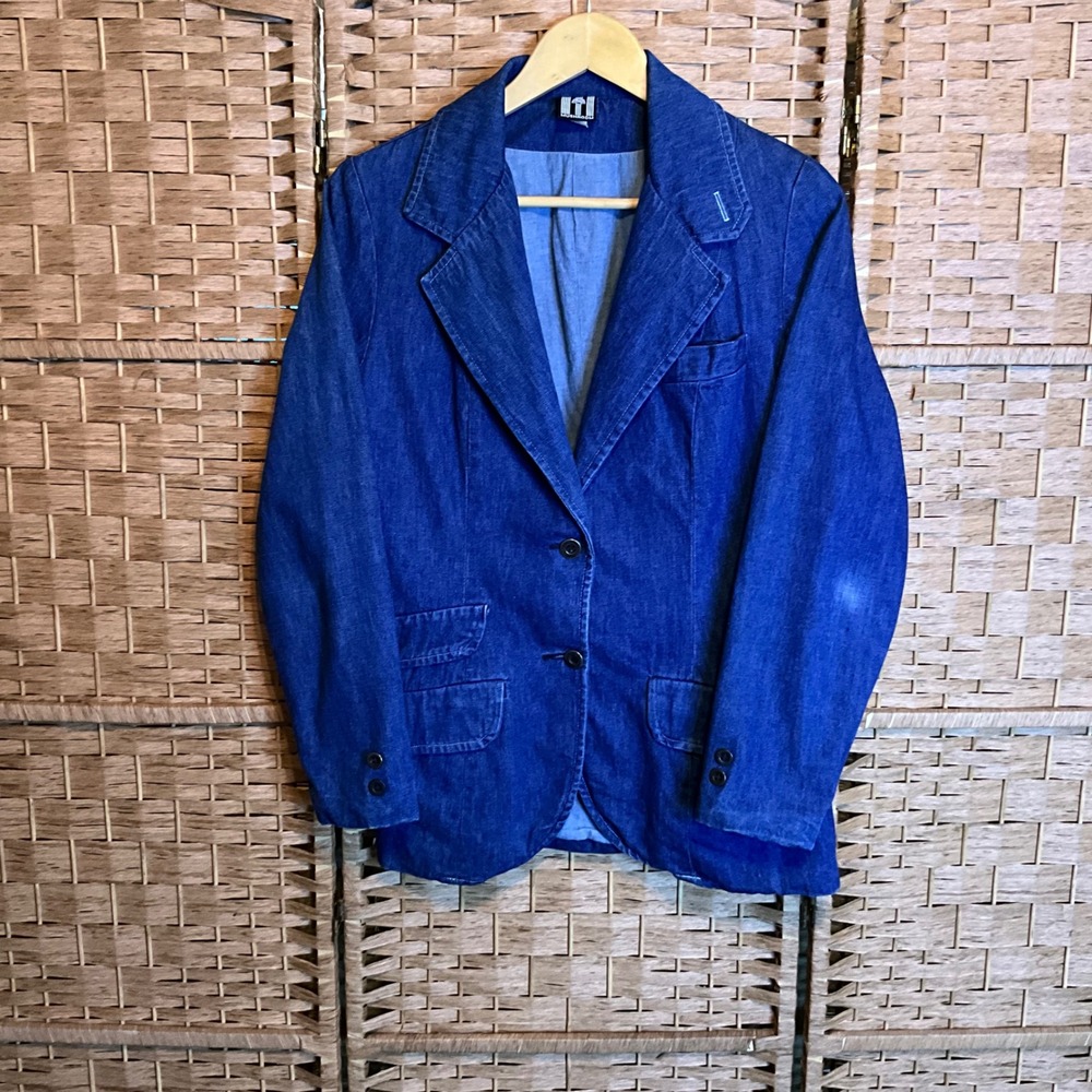 Vintage Mushroom Denim Jean Blazer Jacket‎ Button Up Blue Casual Work Size 11/12